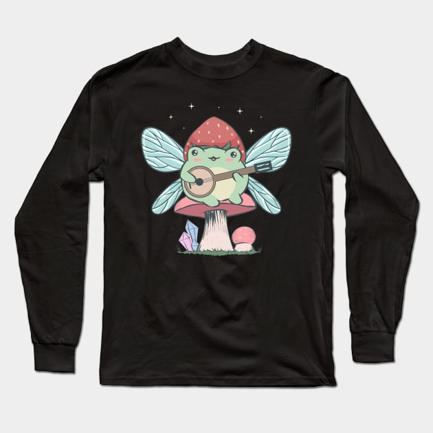 Cottagecore Aesthetic Cute Fairy Frog Banjo Player Long Sleeve T-Shirt by Alex21